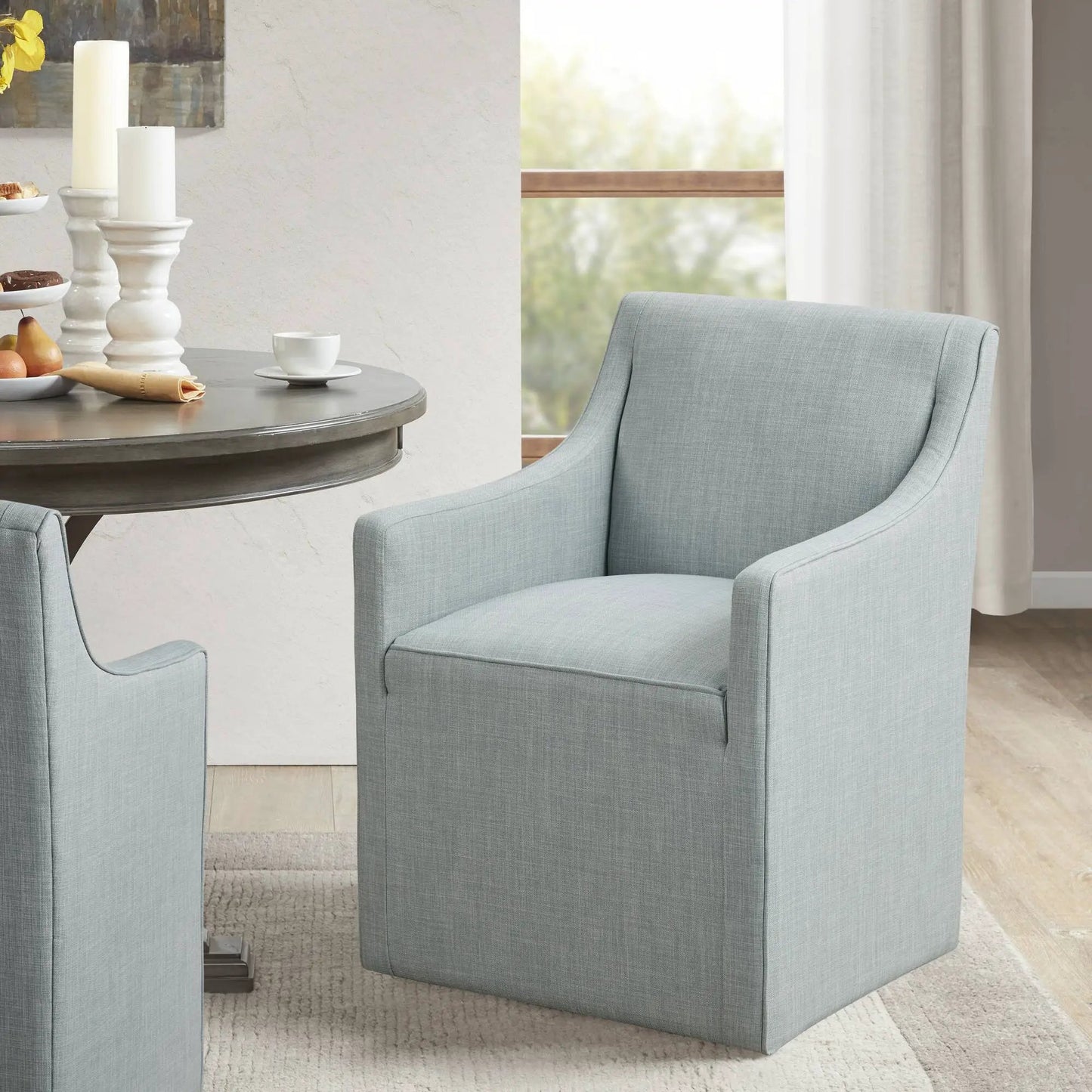 Traditional skirted dining arm chair pair in light blue fabric upholstery by Unique Piece Furniture on Tampa Home & Garden Store