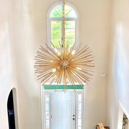 29in Mid-Century Modern 12-Light Starburst Chandelier in gold brass with hanging chain on Tampa Home & Garden Store