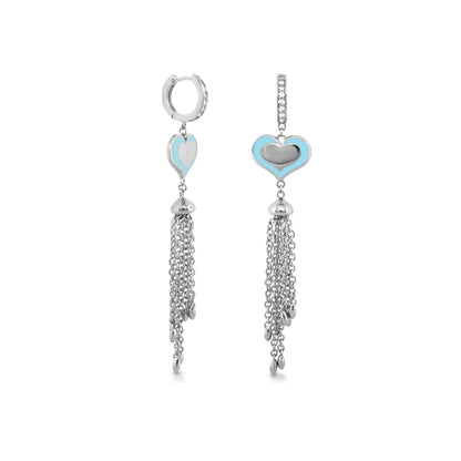 Fantasy Earrings by Lauren G Adams, drop earrings with silver heart pendants and blue enamel on Tampa Home & Garden Store