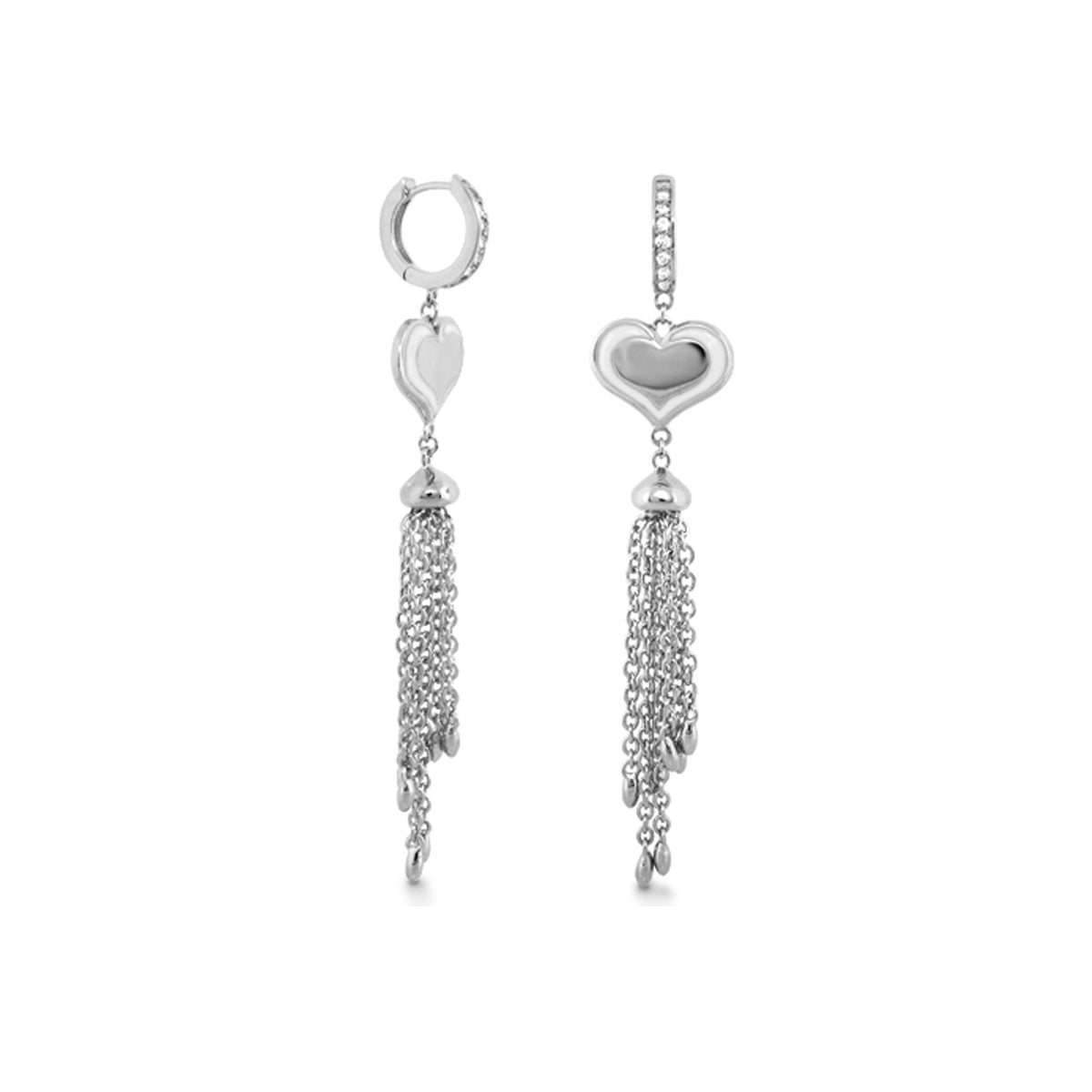 Fantasy Drop Earrings by Lauren G Adams, silver-tone heart charms with tassel chains, pair on Tampa Home & Garden Store
