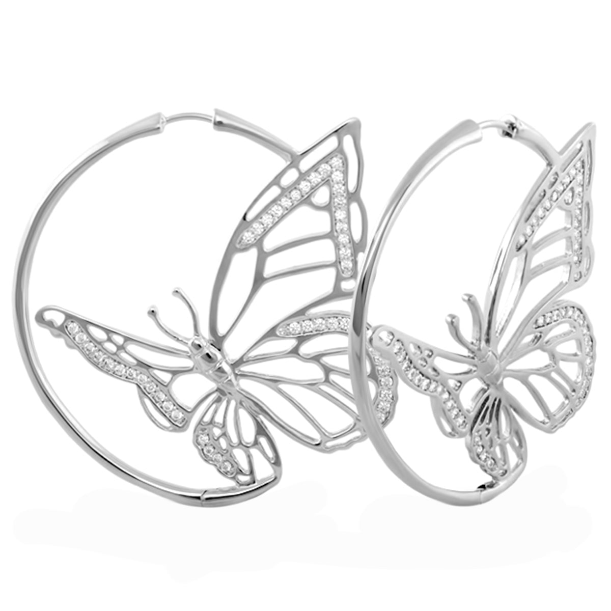 Rose Garden Butterfly Earrings pair, silver-tone hoops with rhinestone butterfly wings on Tampa Home & Garden Store