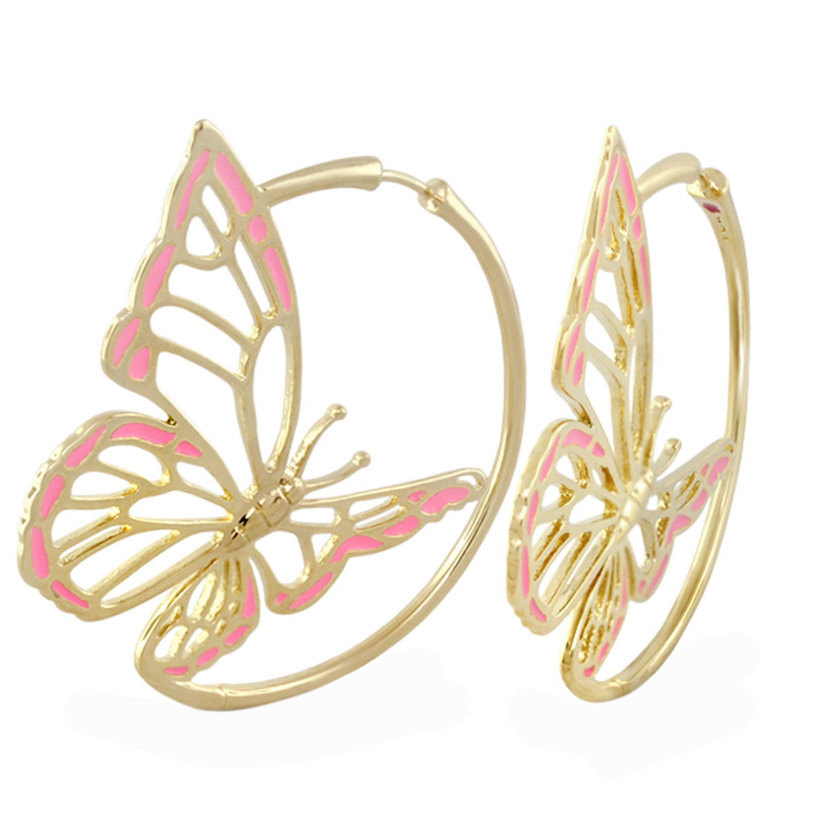 Rose Garden Butterfly Earrings gold-tone hoops with pink enamel butterfly filigree pair on Tampa Home & Garden Store