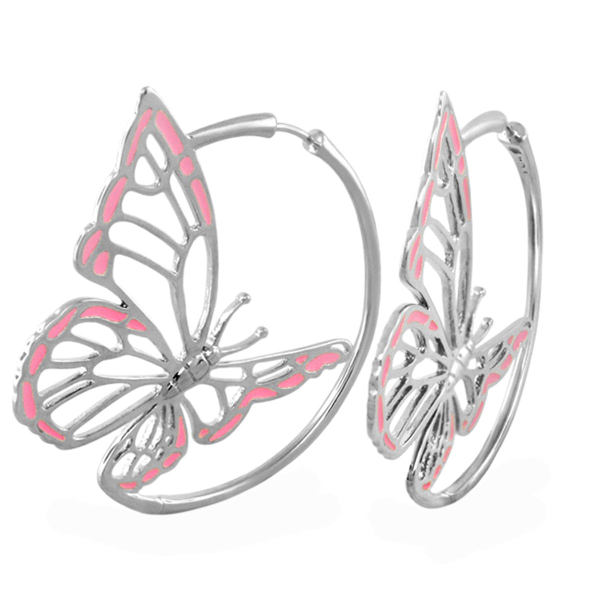 Rose Garden Butterfly Earrings by Lauren G Adams, silver-tone hoops with pink enamel wings on Tampa Home & Garden Store