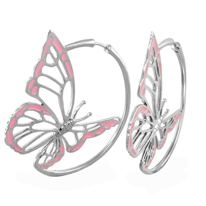 Rose Garden Butterfly Earrings by Lauren G Adams, silver-tone hoops with pink enamel wings on Tampa Home & Garden Store
