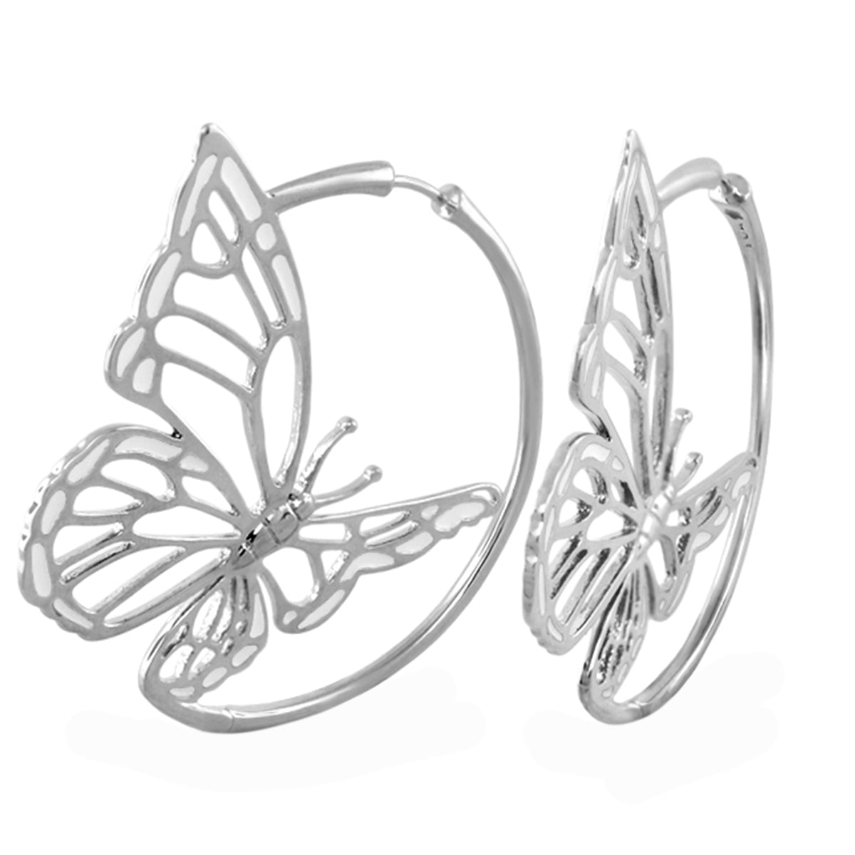 Rose Garden Butterfly Earrings, silver-tone openwork butterfly design on hoop, pair on Tampa Home & Garden Store