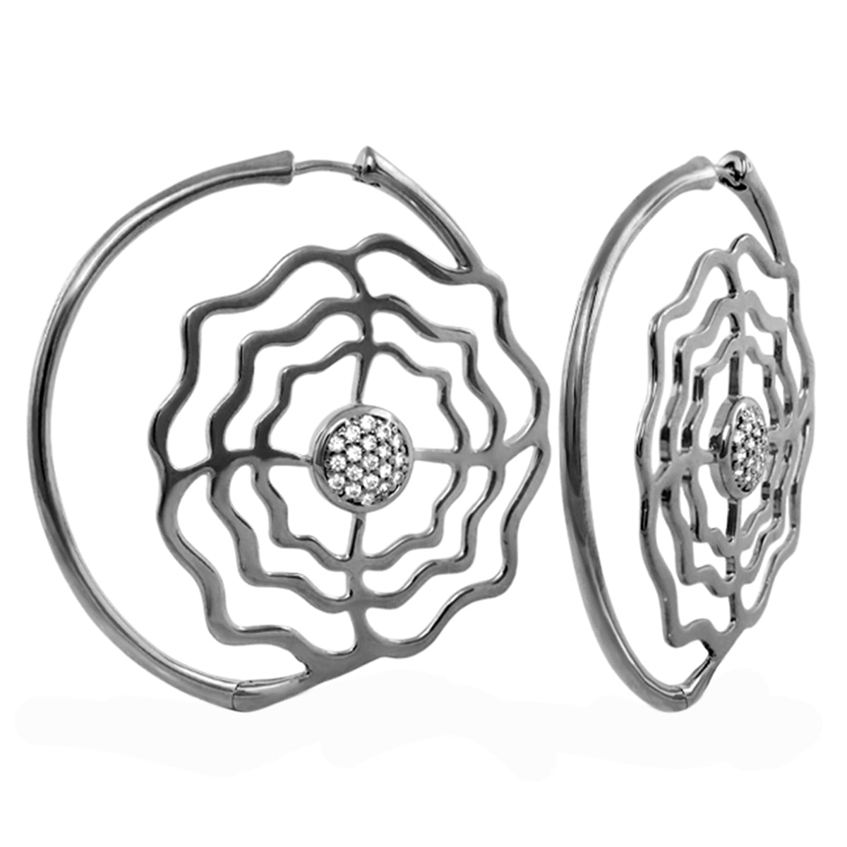 Rose Garden Pavé Center Rose Hoop Earrings with floral cutouts, silver-tone metal on Tampa Home & Garden Store