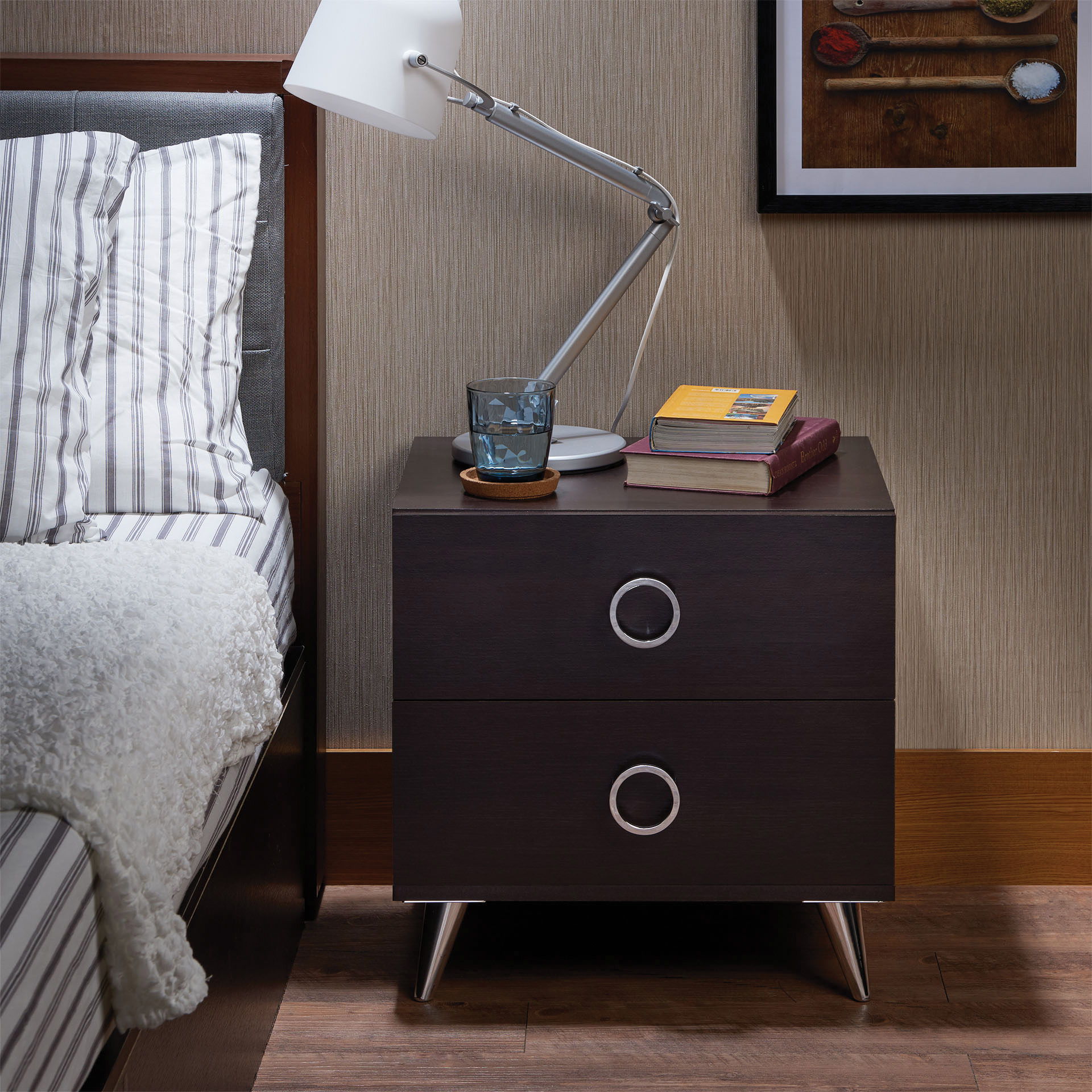 Elms Espresso accent nightstand with three drawers, round metal pulls, modern bedside table on Tampa Home & Garden Store