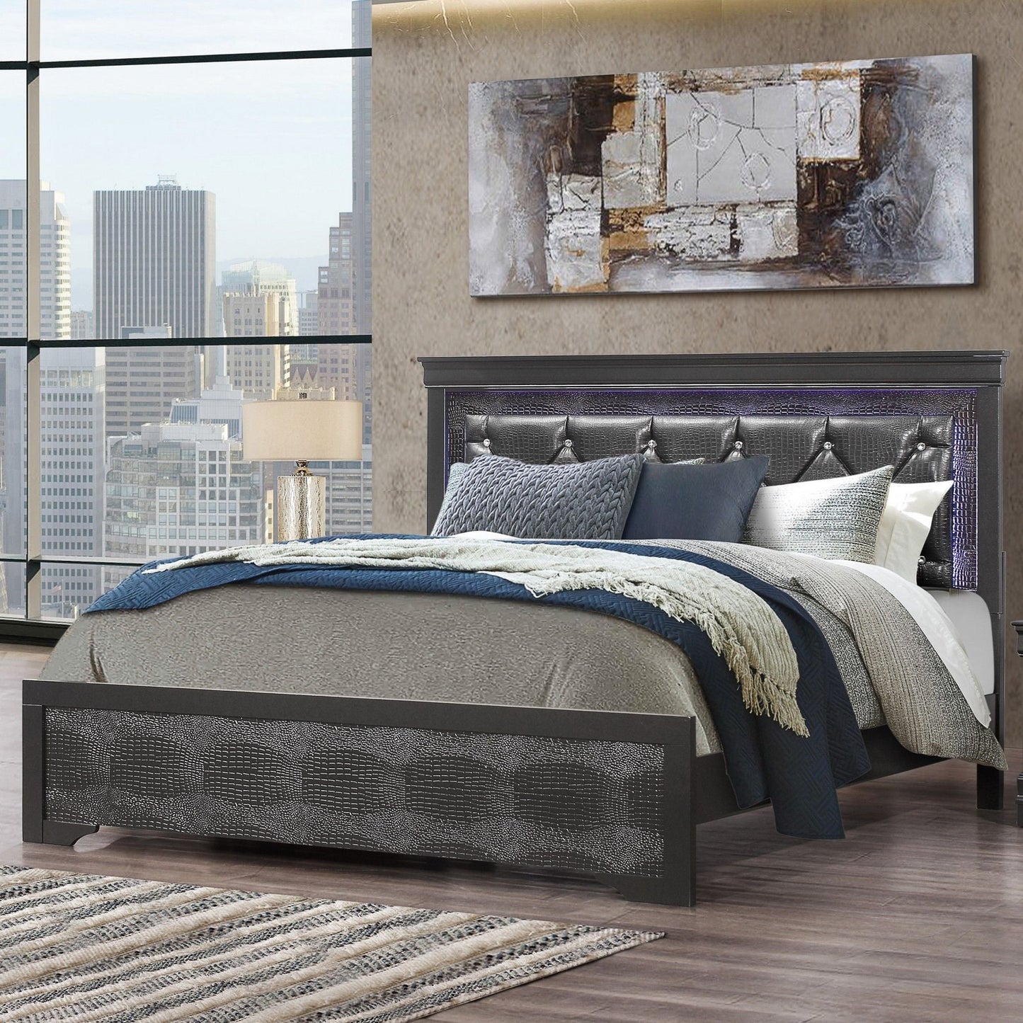Shaker panel bed with LED lighting and crystal-inspired tufted headboard in dark upholstery on Tampa Home & Garden Store