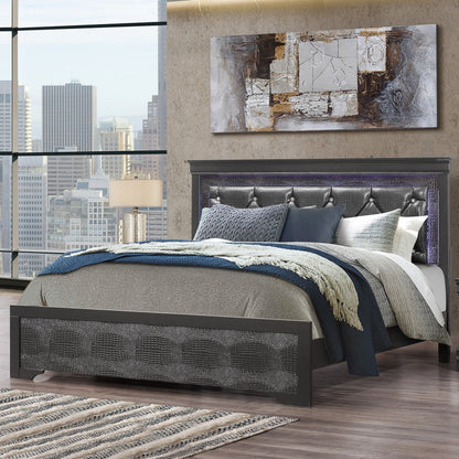 Shaker panel bed with LED lighting and crystal-inspired tufted headboard in dark upholstery on Tampa Home & Garden Store