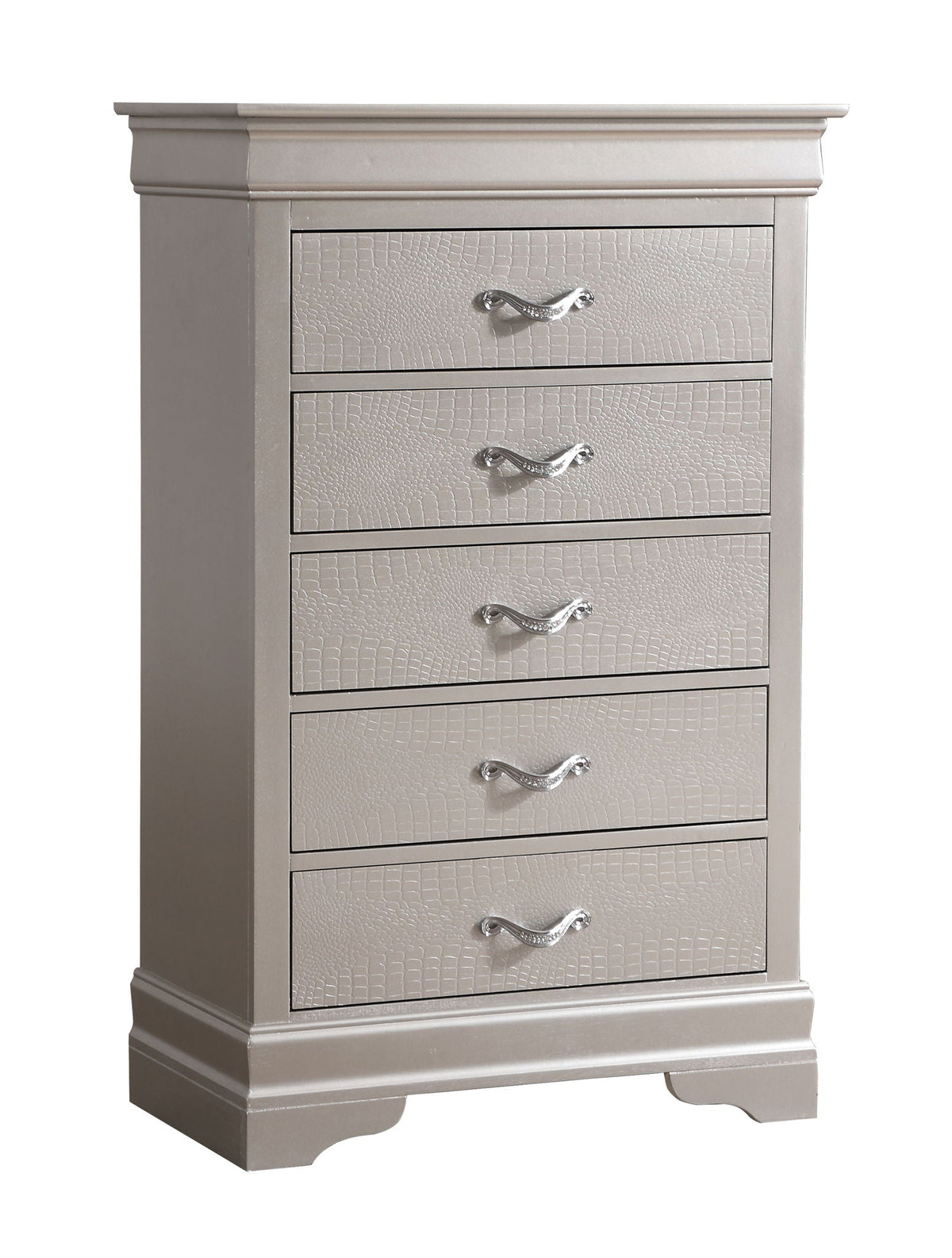 Accent Chest with embossed crocodile-textured finish in gray pearl silver and crystal pulls on Tampa Home & Garden Store