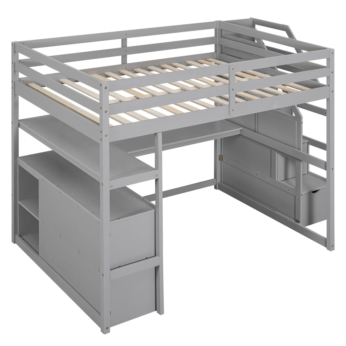 Loft bed with desk and shelves in grey, includes storage staircase and 2 drawers on Tampa Home & Garden Store