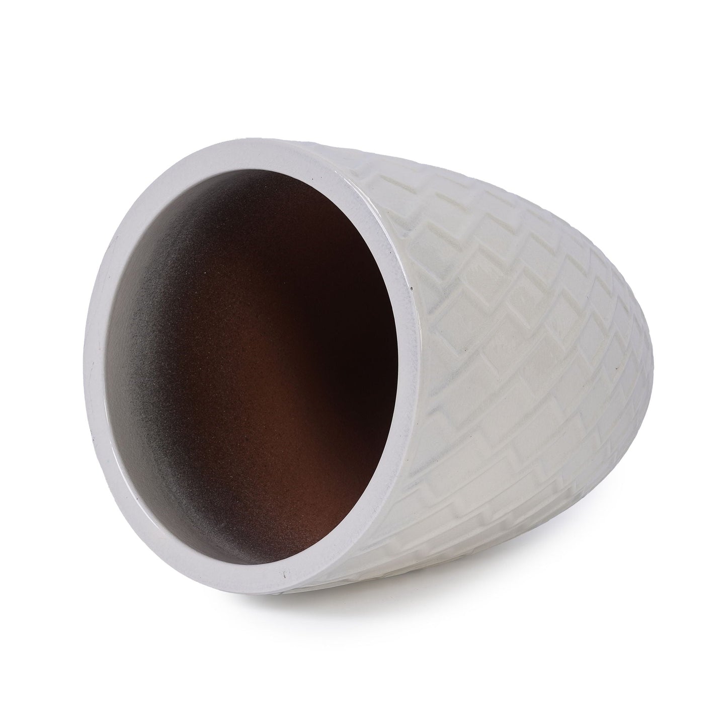 Ceramic flowerpot planter with white textured diamond pattern exterior and dark interior on Tampa Home & Garden Store