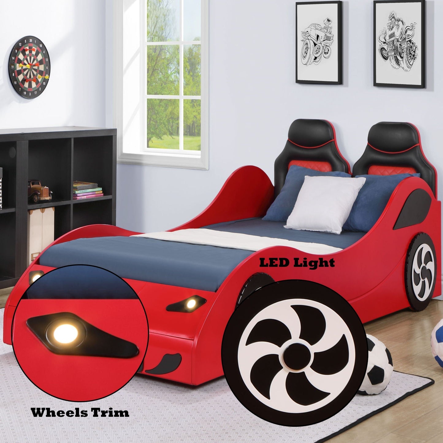 Colen Twin Car Bed With LED red car frame, black wheels, blue bedding by HouseOfZazla on Tampa Home & Garden Store