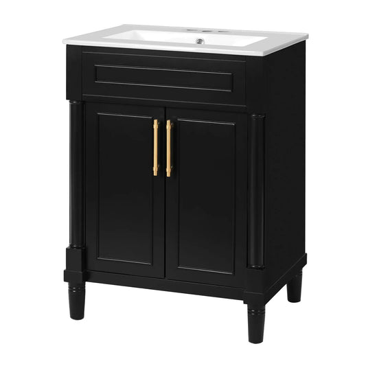 Bathroom vanity with integrated sink, black 2-door cabinet, white countertop, gold handles on Tampa Home & Garden Store