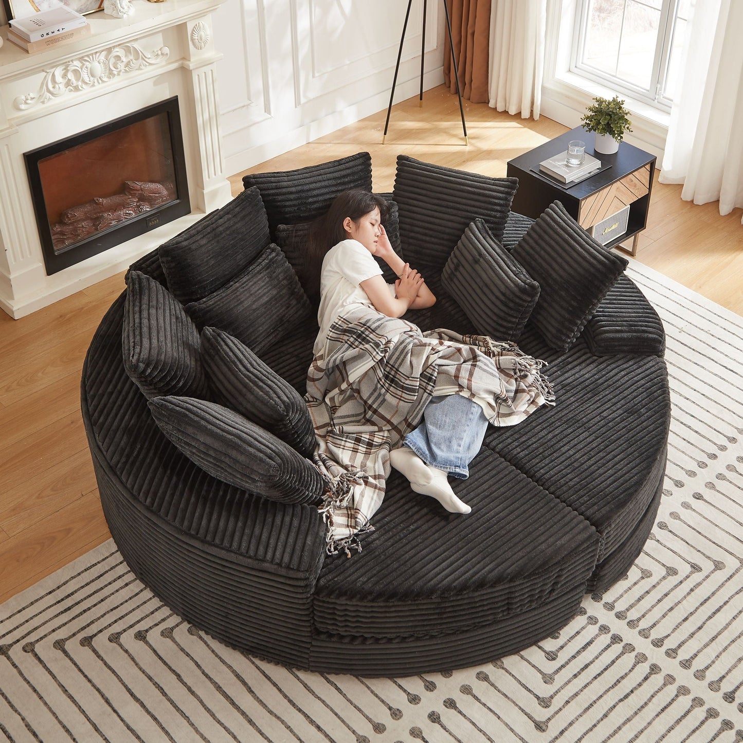 Round Oversized Sofa Bed with Throw Pillows