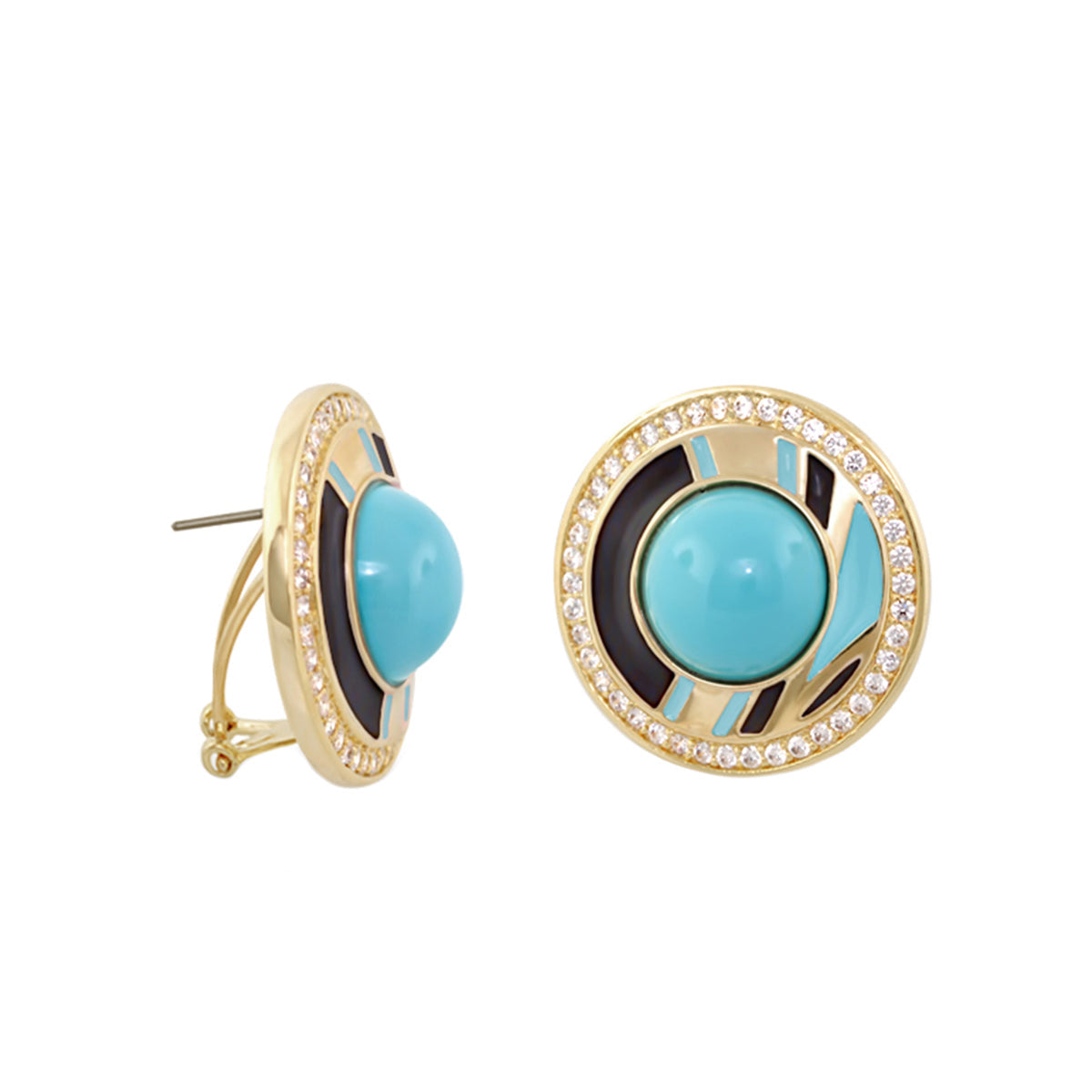 Chunky Town Earrings by Lauren G Adams, gold-tone studs with turquoise center and pavé halo crystals on Tampa Home & Garden Store