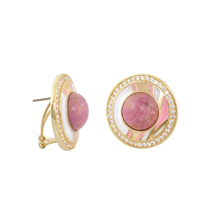 Chunky Town Earrings Pavé Halo Pearl by Lauren G Adams, gold-tone pink centerpiece pearl on Tampa Home & Garden Store