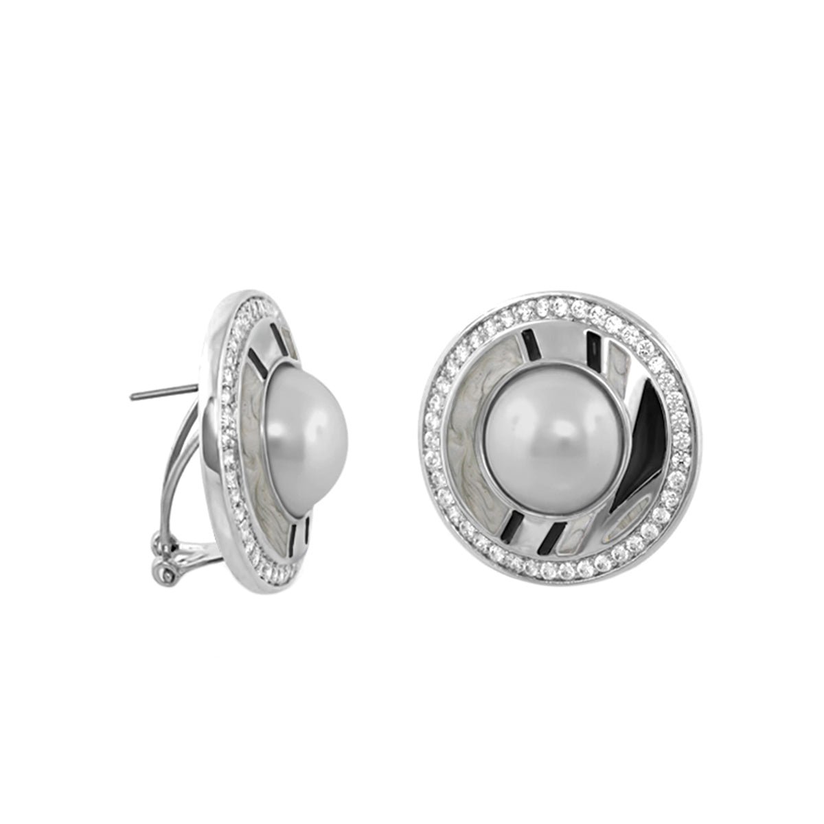 Chunky Town Earrings Pavé Halo Pearl by Lauren G Adams, silver-tone circular studs with pearl on Tampa Home & Garden Store