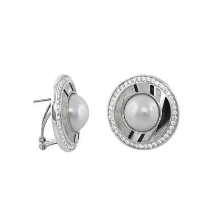 Chunky Town Earrings Pavé Halo Pearl by Lauren G Adams, silver-tone circular studs with pearl on Tampa Home & Garden Store