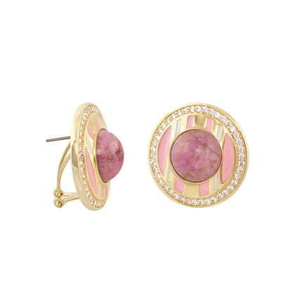 Chunky Town Earrings Cabochon gold-tone pink with crystal halo 2pc Lauren G Adams on Tampa Home & Garden Store