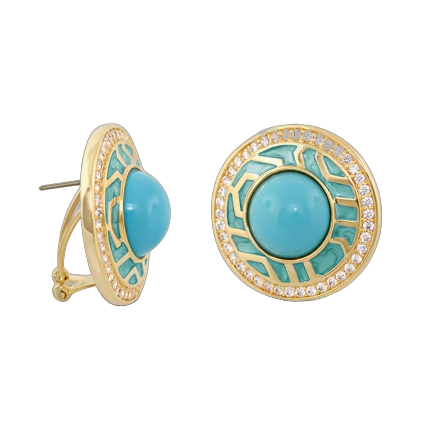 Chunky Town Earrings - turquoise enamel with gold lattice inlay and crystal halo by Lauren G Adams on Tampa Home & Garden Store