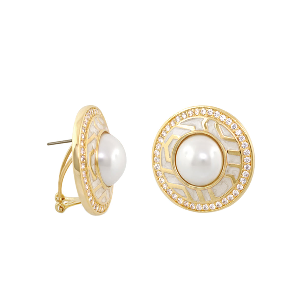 Chunky Town Earrings pair by Lauren G Adams, enamel gold-tone with pearl cabochon and halo on Tampa Home & Garden Store