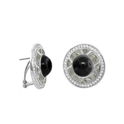 Chunky Town earrings with black cabochon center, lattice inlay and crystal halo in silver tone on Tampa Home & Garden Store