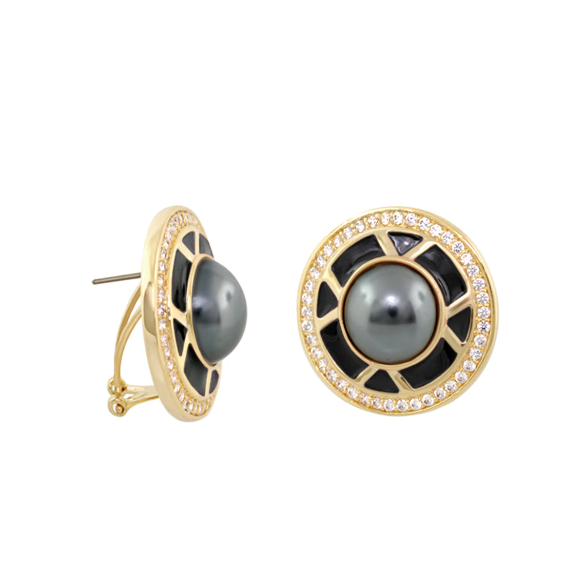 Chunky Town Earrings Open Spoke Cabochon, gold-tone with grey pearl by Lauren G Adams on Tampa Home & Garden Store