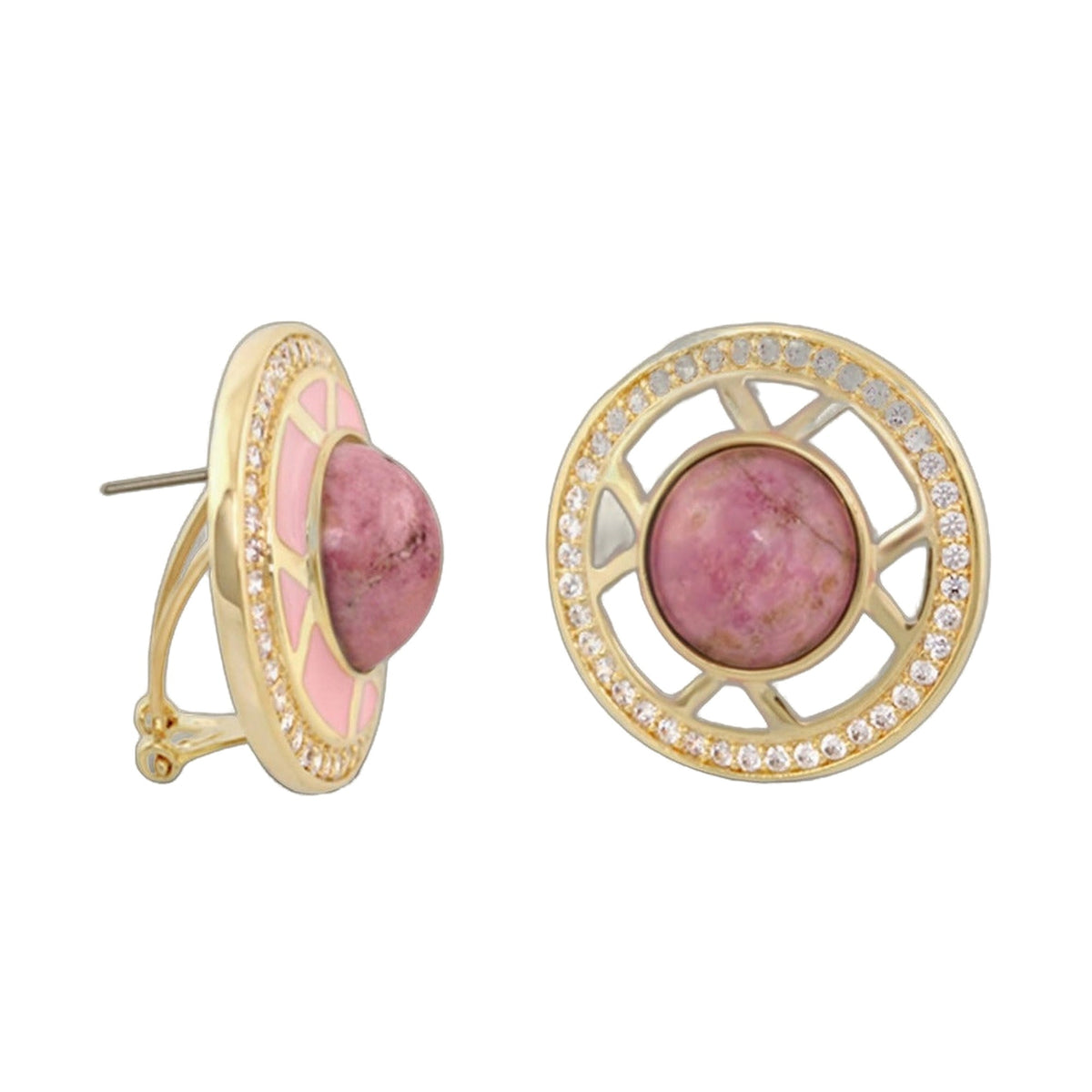 Chunky Town Earrings Open Spoke Cabochon by Lauren G Adams, gold-tone with pink cabochons on Tampa Home & Garden Store