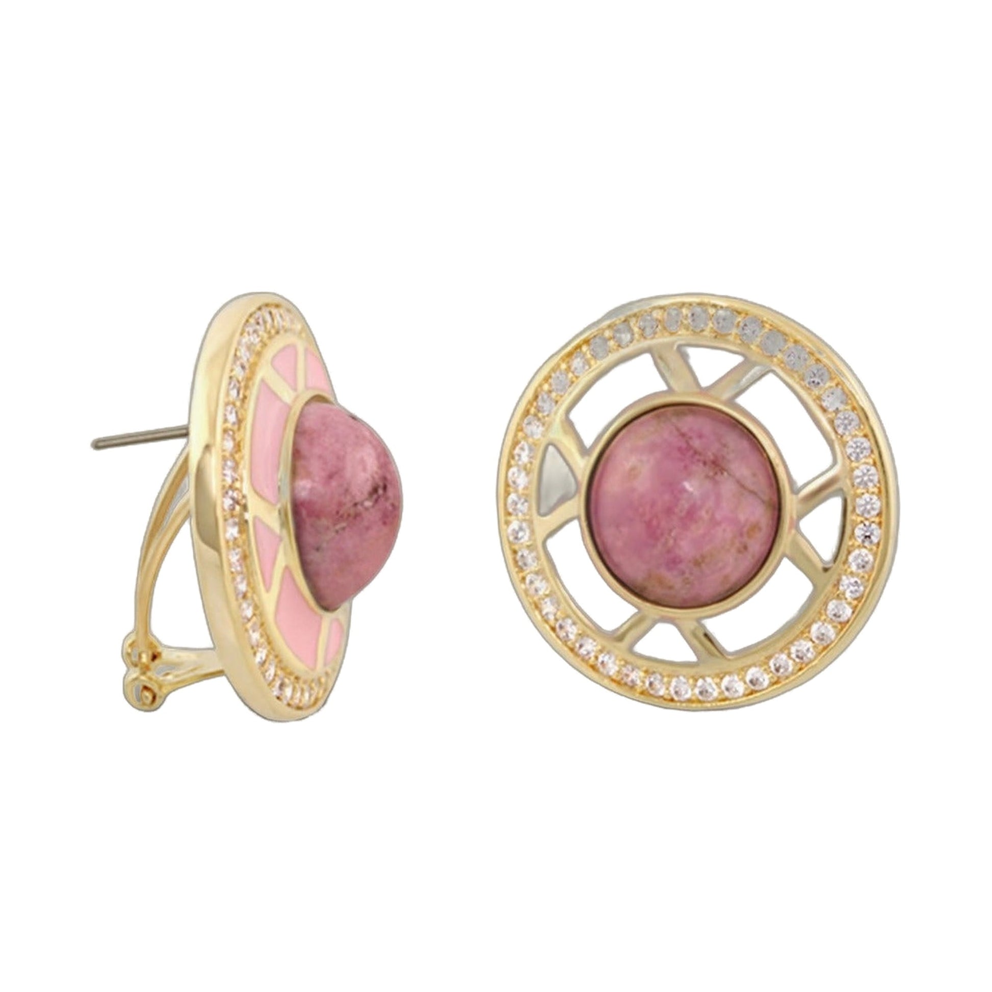 Chunky Town Earrings Open Spoke Cabochon by Lauren G Adams, gold-tone with pink cabochons on Tampa Home & Garden Store
