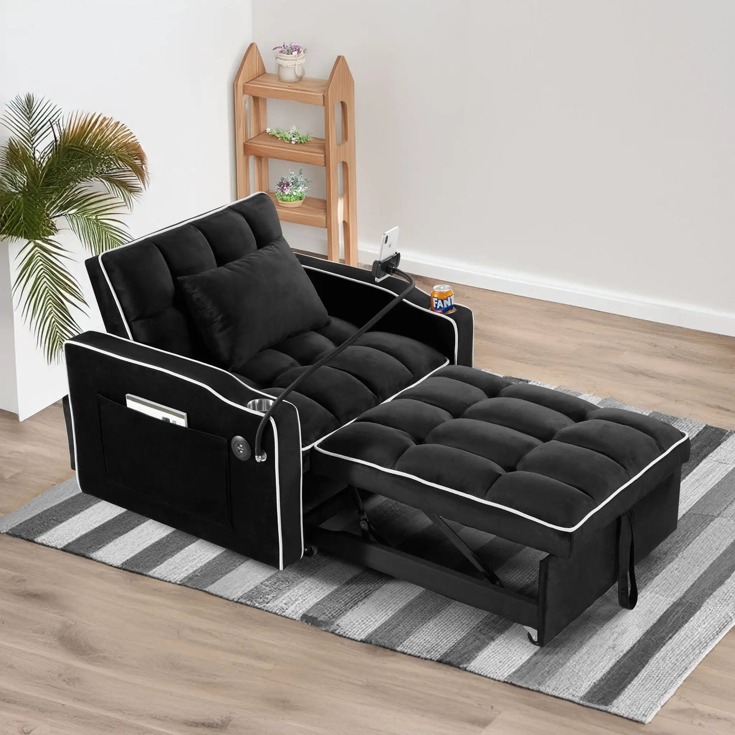 Black sleeper chair sofa bed with white piping and pull-out bed by Unique Piece Furniture on Tampa Home & Garden Store