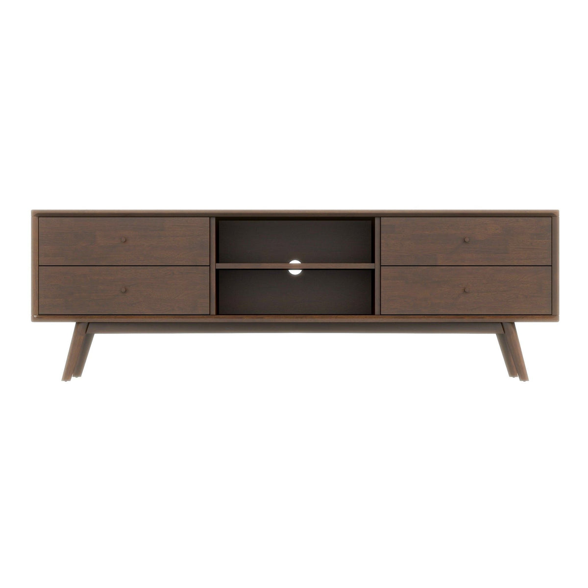 Dark brown solid wood TV stand with left/right drawers and center open shelf for media devices on Tampa Home & Garden Store