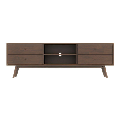 Dark brown solid wood TV stand with left/right drawers and center open shelf for media devices on Tampa Home & Garden Store