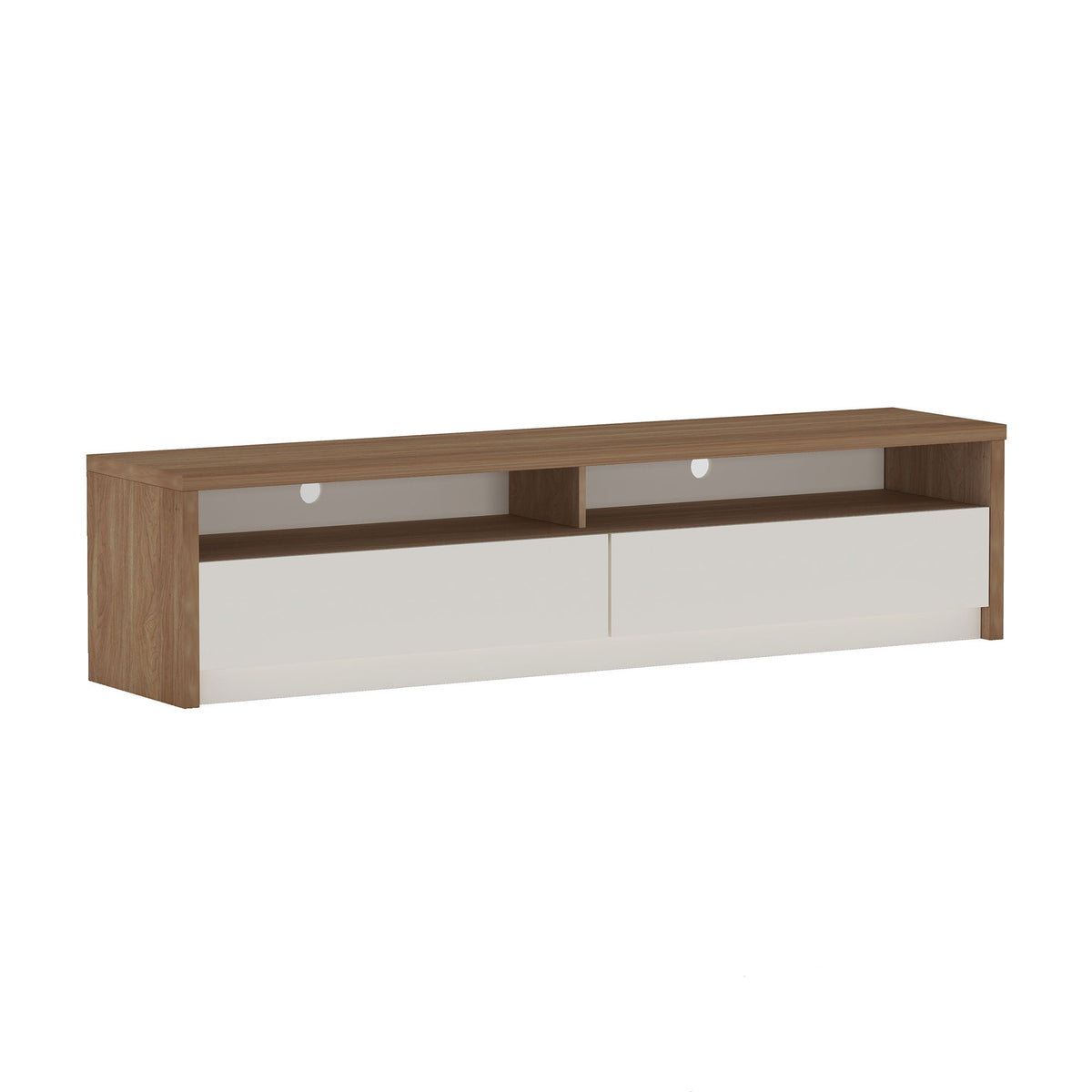 TV stand, 70 inches, light brown wood frame with white full-extension drawers and open cubbies on Tampa Home & Garden Store
