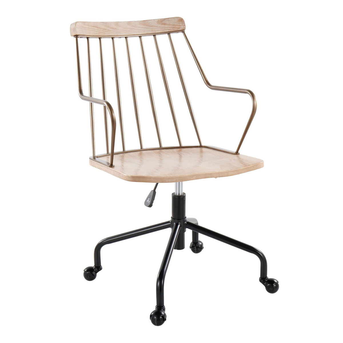 Farmhouse adjustable office chair with swivel beige wood seat and metal rod back on Tampa Home & Garden Store