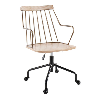 Farmhouse adjustable office chair with swivel beige wood seat and metal rod back on Tampa Home & Garden Store
