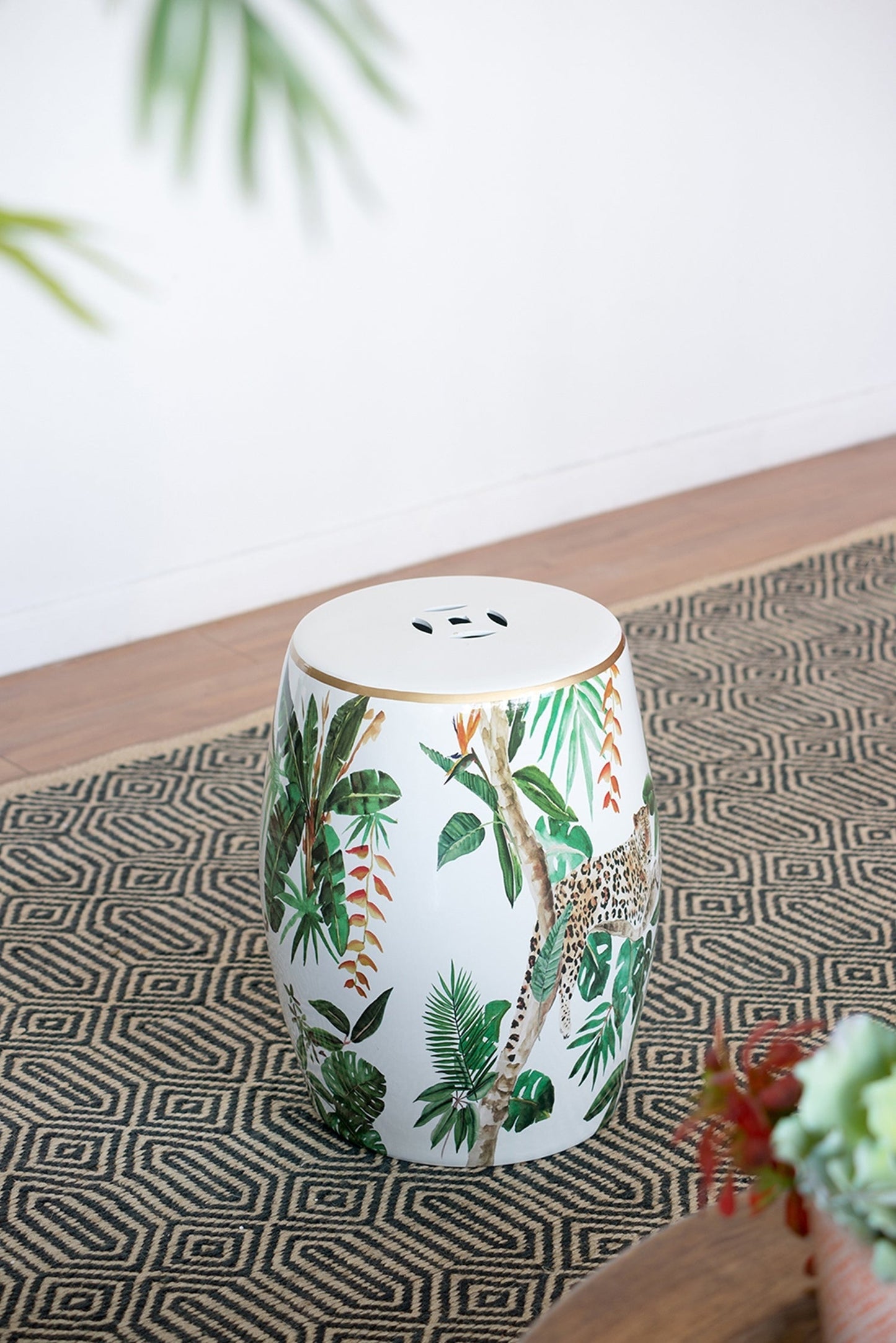  Ceramic jungle garden stool side table with tropical leaves leopard print gold rim HouseOfZazla on Tampa Home & Garden Store