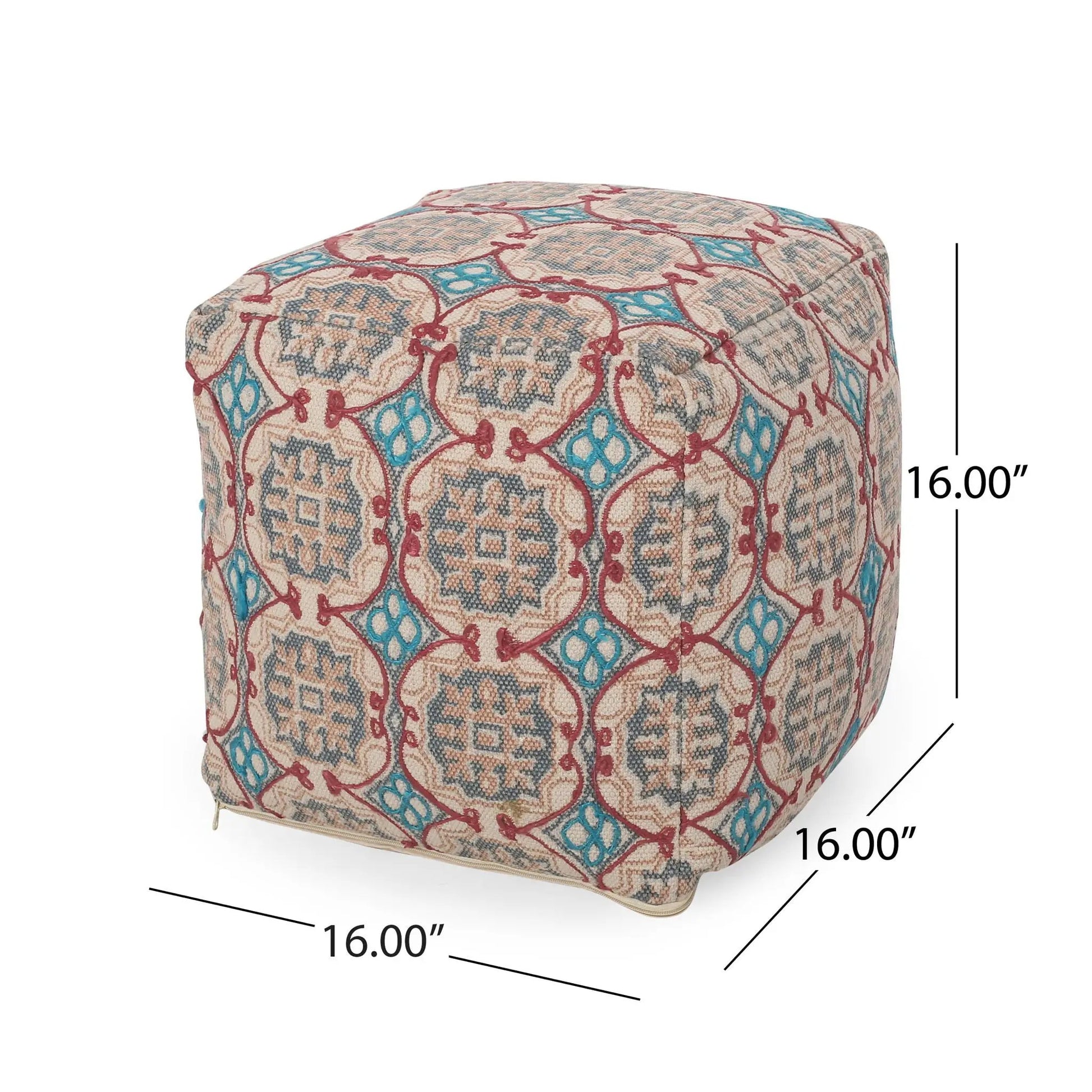 Amelia fabric pouf, multicolor pattern, accent pouf on Tampa Home & Garden Store