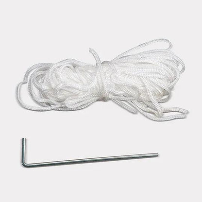 2-piece tent setup bundle: white braided rope coil and L-shaped metal Allen key on Tampa Home & Garden Store