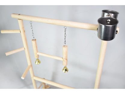 Solid wood toy swing ladder with two hanging blocks on chains and bells; stainless steel food bowls on natural wood frame on Tampa Home & Garden Store