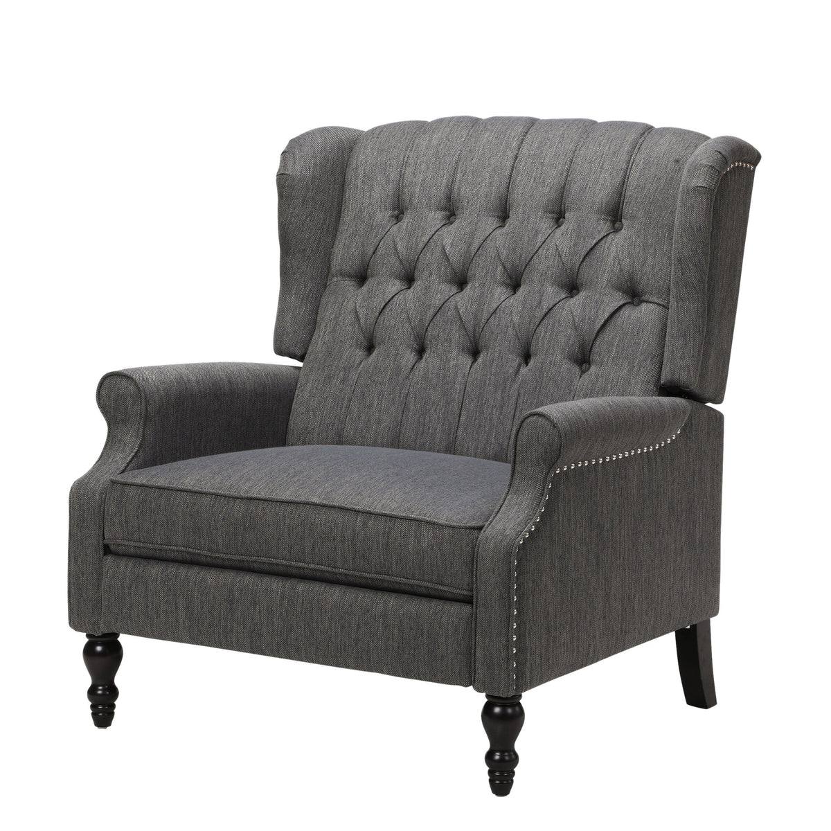 Oversized tufted wingback fabric push-back recliner in gray upholstery with nailhead trim on Tampa Home & Garden Store
