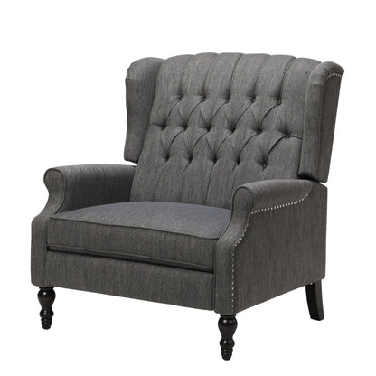 Oversized tufted wingback fabric push-back recliner in gray upholstery with nailhead trim on Tampa Home & Garden Store