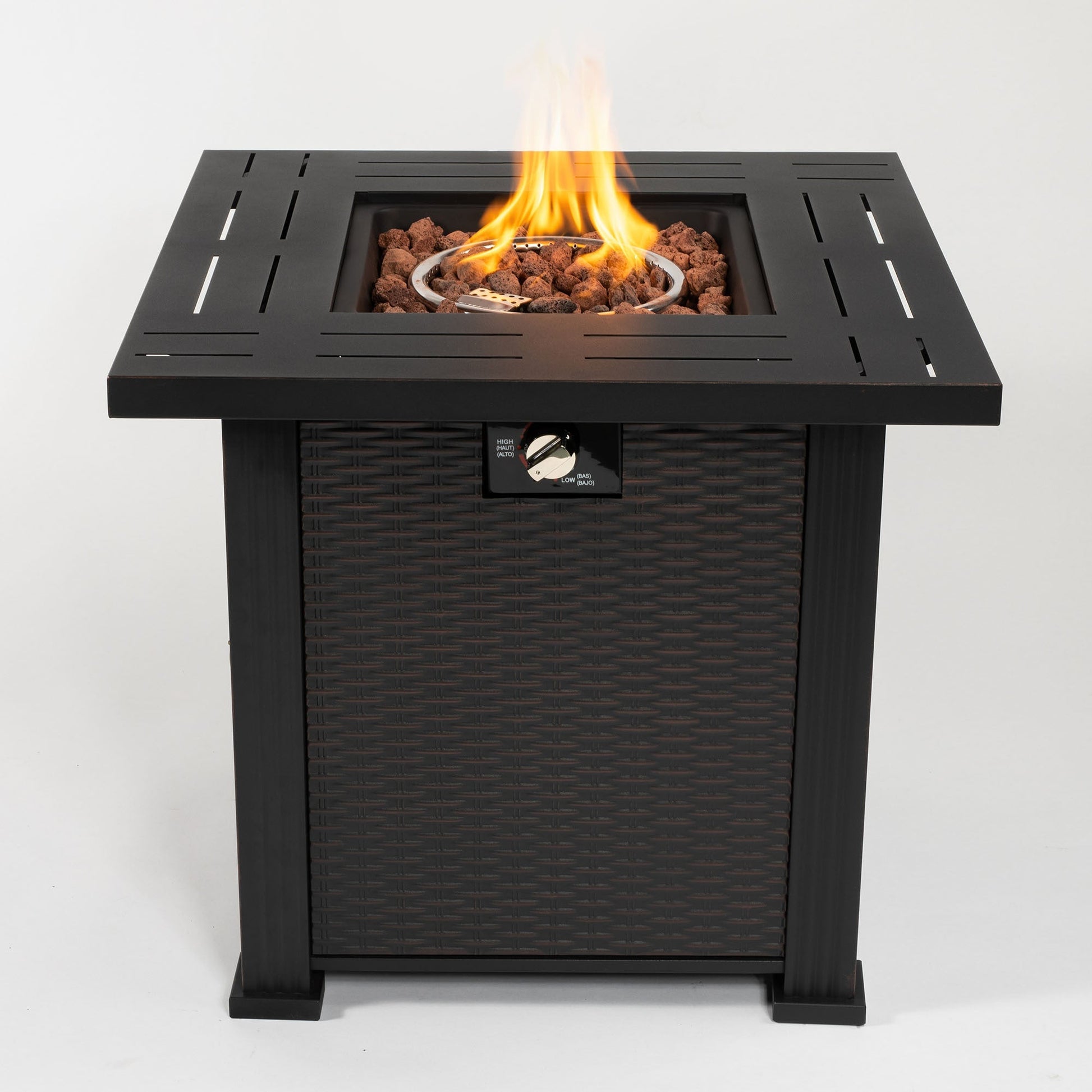 28in propane fire pit table with 50,000 BTU, square steel frame and lava rock on Tampa Home & Garden Store