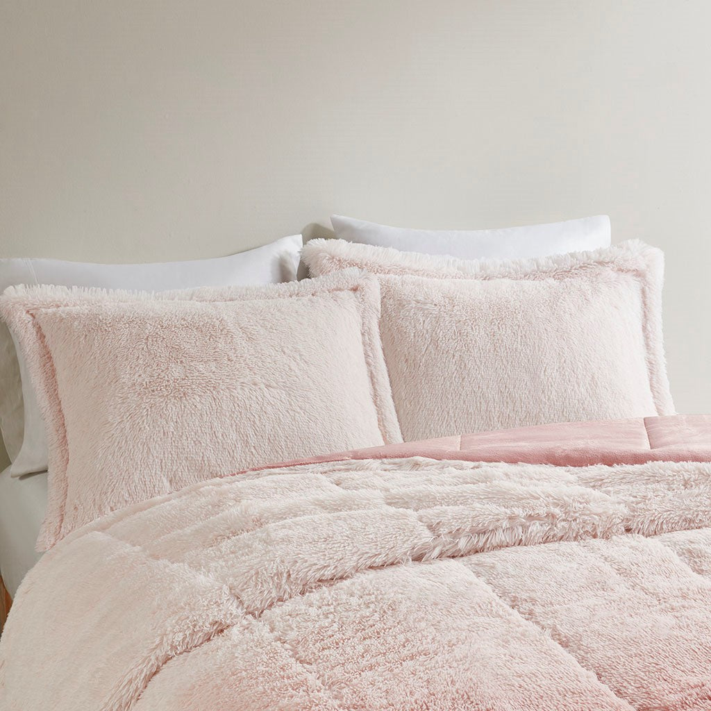 Twin/Twin XL Ombre Shaggy Long Fur Comforter Mini Set in pale pink with two plush shams on bed on Tampa Home & Garden Store