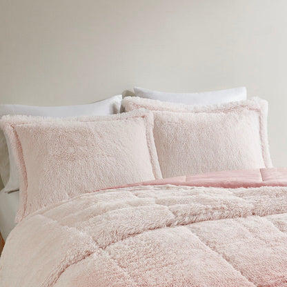 Twin/Twin XL Ombre Shaggy Long Fur Comforter Mini Set in pale pink with two plush shams on bed on Tampa Home & Garden Store