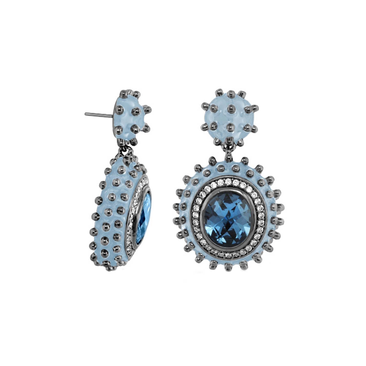 Fresh Fantasy Earrings pair with pale blue centers, halo of crystals, studded ball accents on Tampa Home & Garden Store