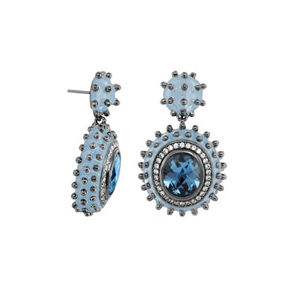 Fresh Fantasy Earrings pair with pale blue centers, halo of crystals, studded ball accents on Tampa Home & Garden Store