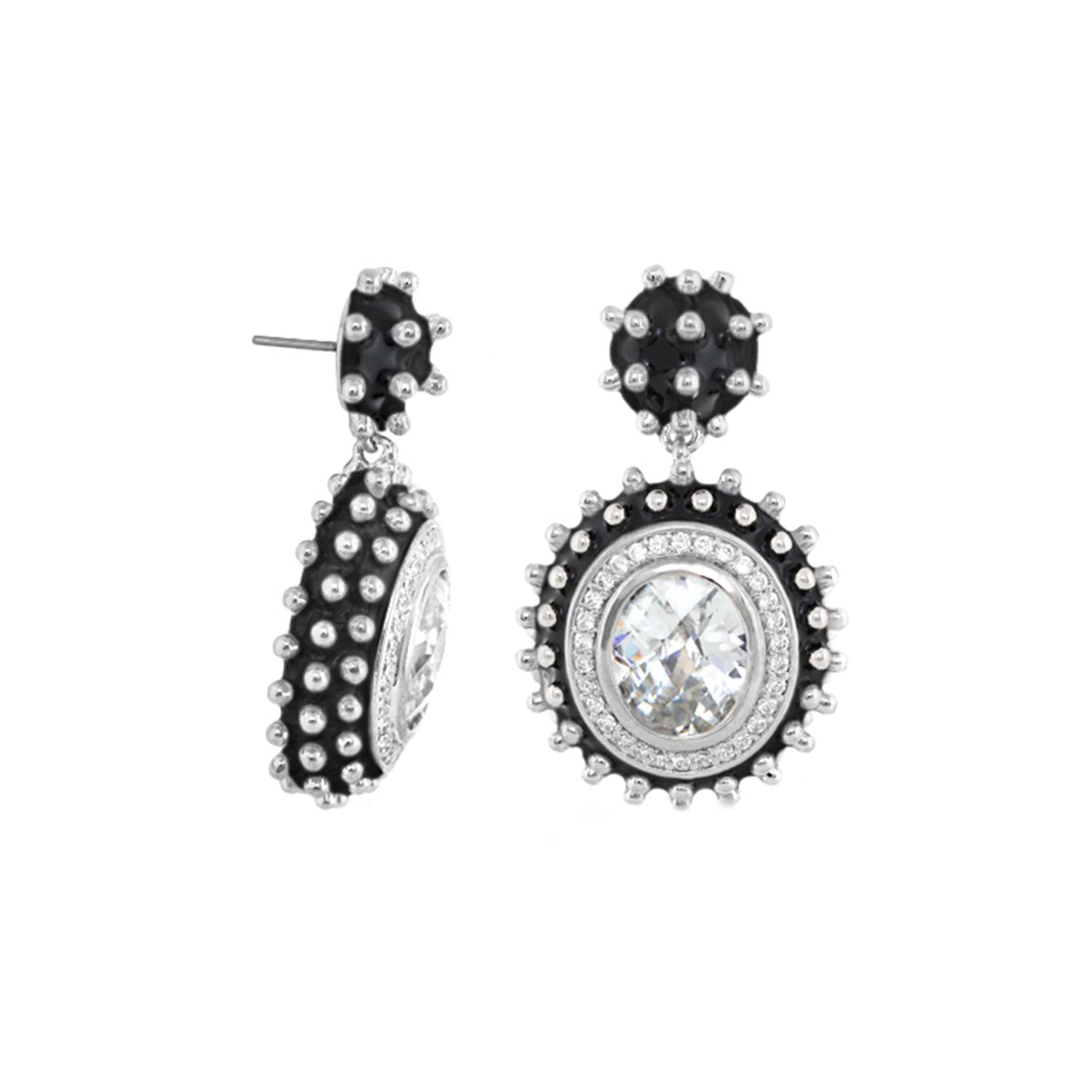 Fresh Fantasy Earrings: black bead drop with clear center stone in silver halo on Tampa Home & Garden Store