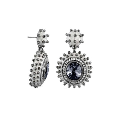 Fresh Fantasy Earrings: silver-tone drop with blue oval gem in crystal halo; bead-studded top on Tampa Home & Garden Store
