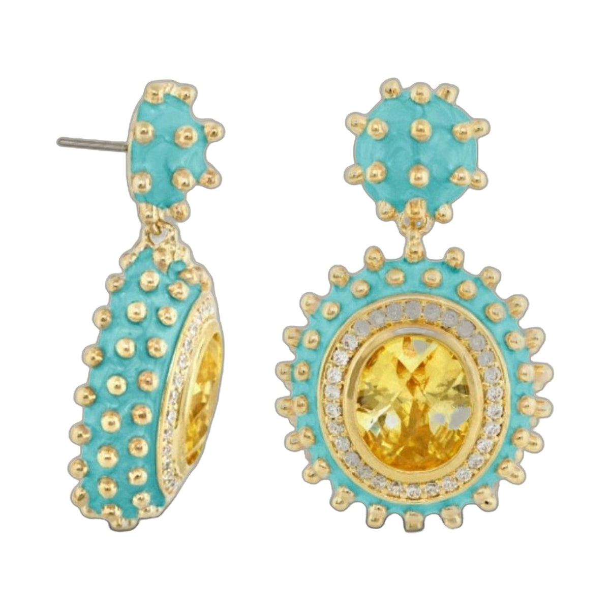Fresh Fantasy Earrings by Lauren G Adams, turquoise enamel drops with gold-tone beads and a central yellow gemstone, pair on Tampa Home & Garden Store